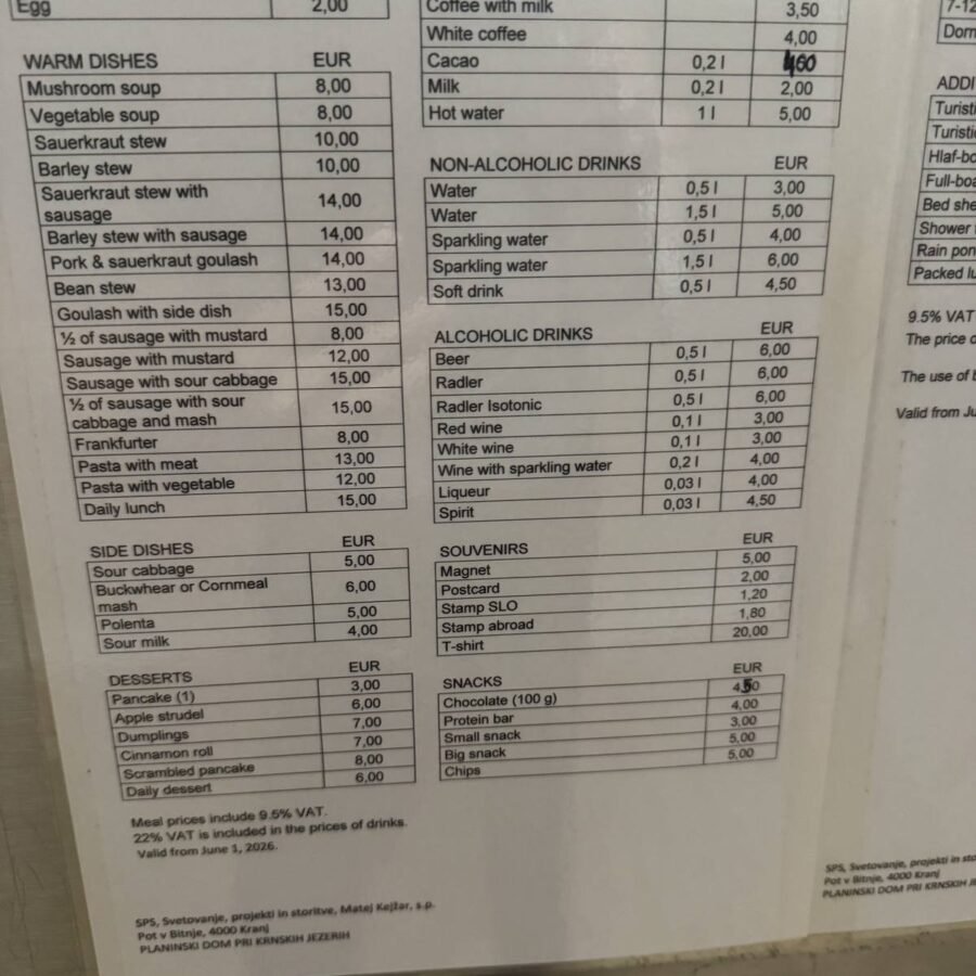 Preisliste der Hütte an den Krn-Seen mit Preisen für Speisen und Getränke